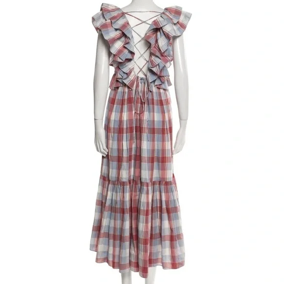 Ulla Johnson Frieda Check Gingham Red Blue White Sleeveless Ruffle Midi Dress XS - Picture 5 of 5